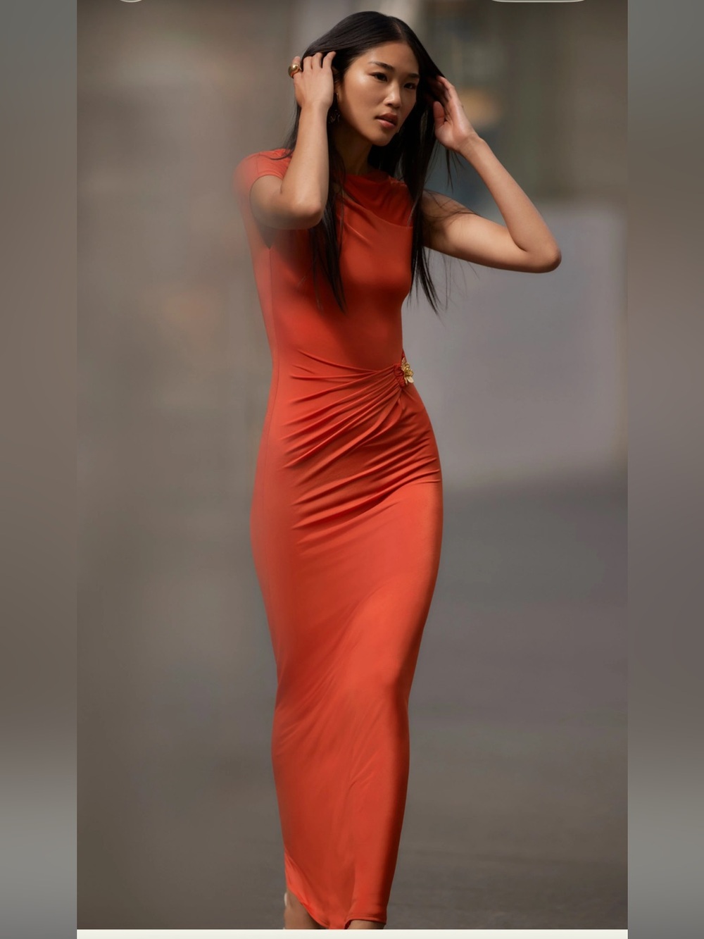 Meshki Coral-Orange Ruched Maxi Dress